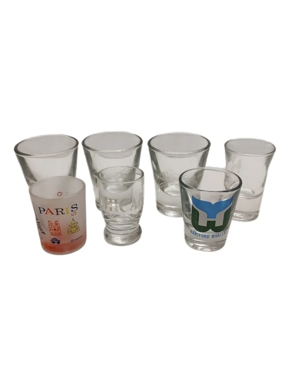 7pc Shot Glass Lot Hartford Whalers NHL, Chicago, Paris, Boru Bar Glasses Bundle